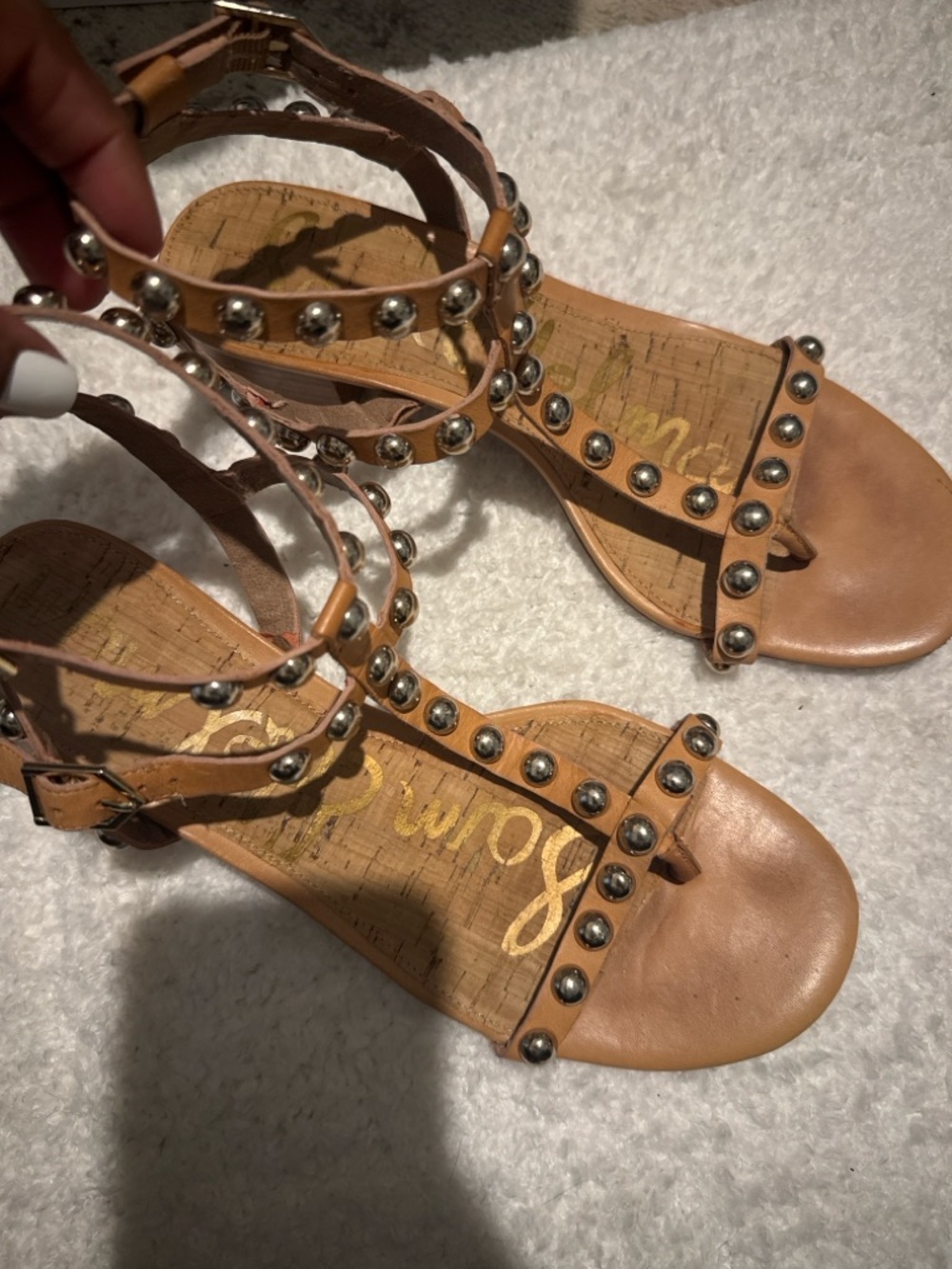 Sam Edelman Tan Studded T-Strap Sandals Block Heel Leather - Picture 6 of 11